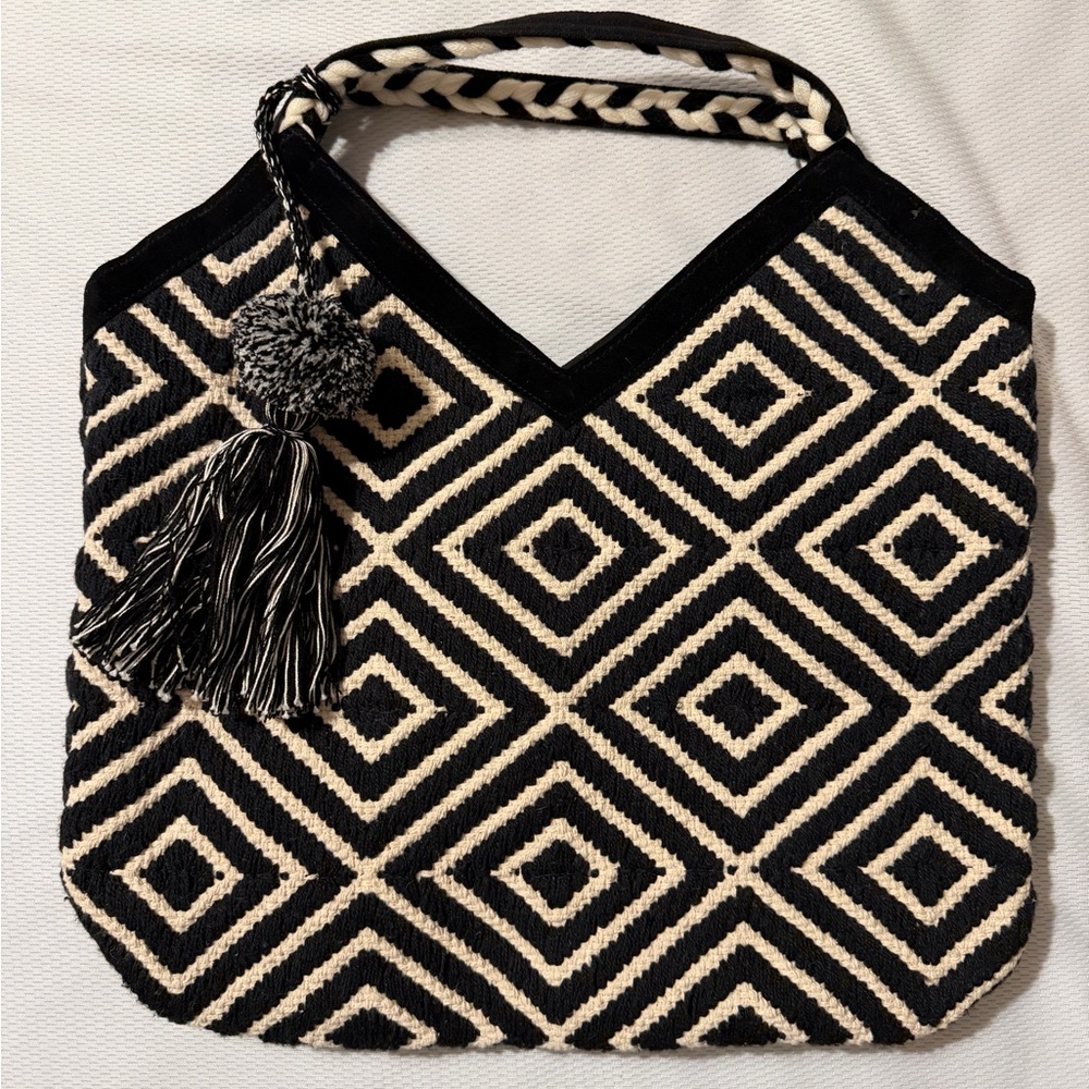 lovestitch Black and Cream Geometric Knit Shoulder Bag with Tassel